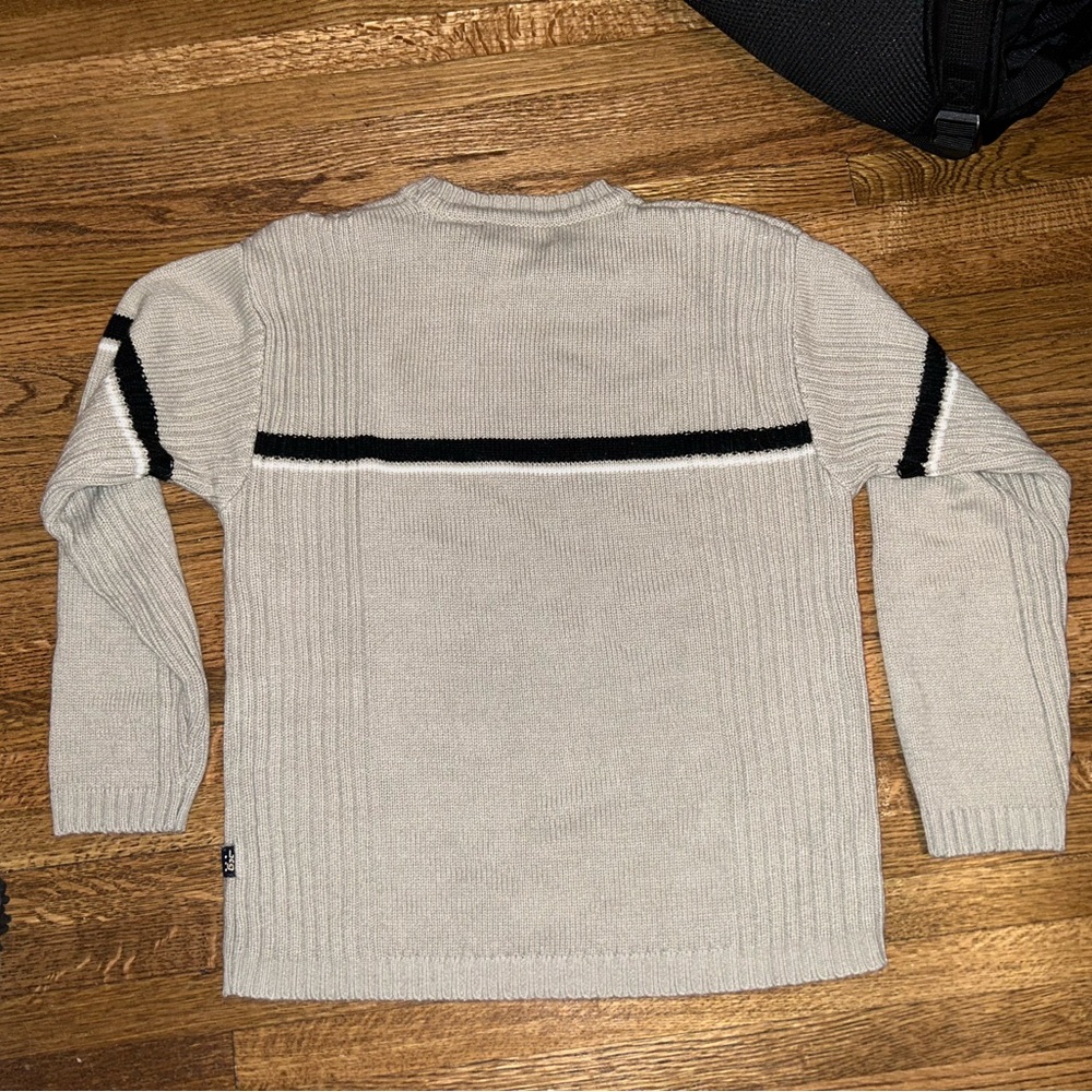 lightweight sweater, cream color with black and white striping on front & back
